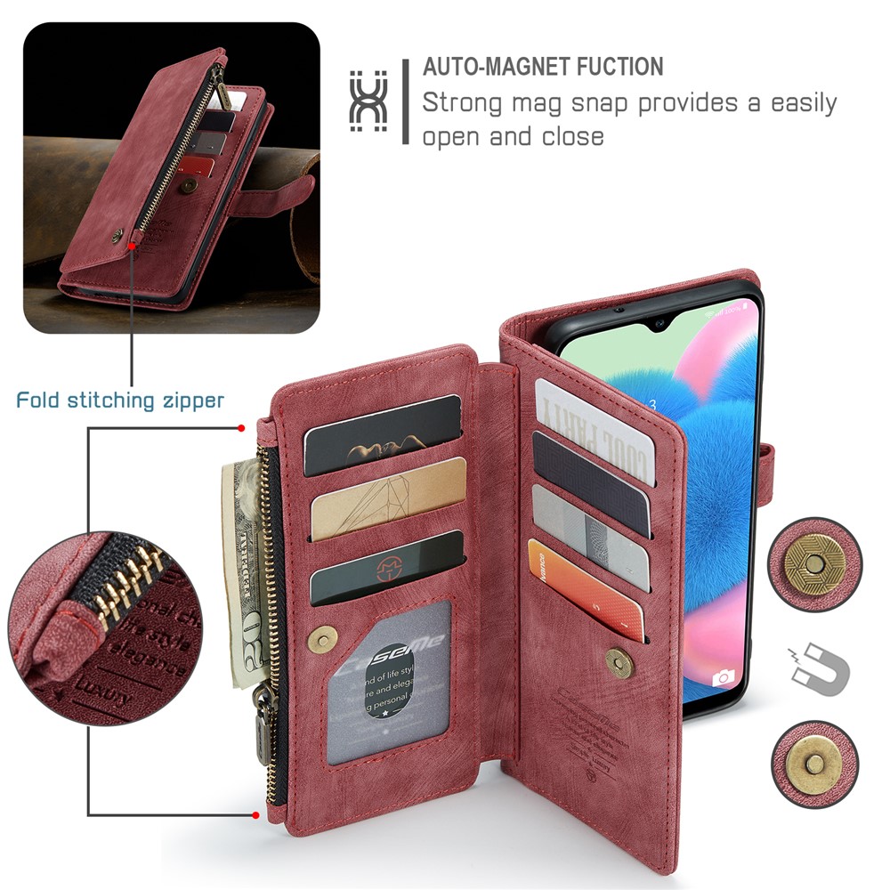 CASEME C30 Series for Samsung Galaxy A30s/A50/A50s Viewing Stand Design PU Leather Phone Case Zipper Pocket Wallet Phone Cover - Red-12