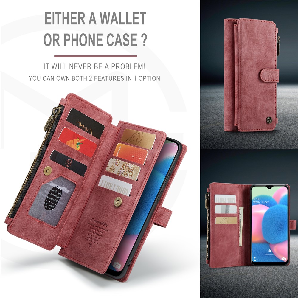CASEME C30 Series for Samsung Galaxy A30s/A50/A50s Viewing Stand Design PU Leather Phone Case Zipper Pocket Wallet Phone Cover - Red-8
