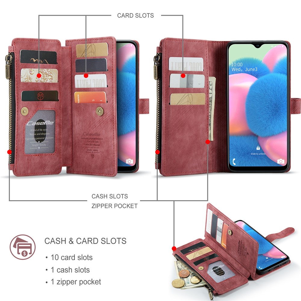 CASEME C30 Series for Samsung Galaxy A30s/A50/A50s Viewing Stand Design PU Leather Phone Case Zipper Pocket Wallet Phone Cover - Red-9