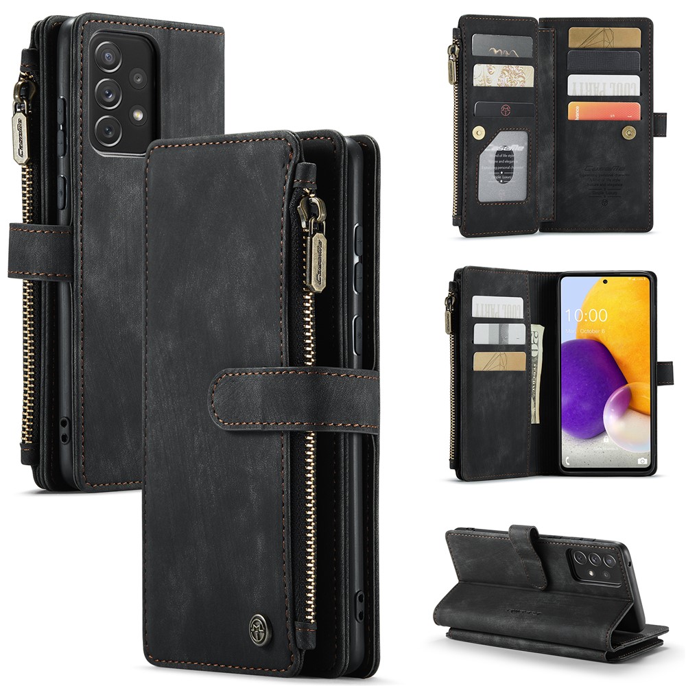 CASEME for Samsung Galaxy A72 4G/5G C30 Series Zipper Pocket Wallet Phone Cover, Stand Design PU Leather Phone Case - Black-1