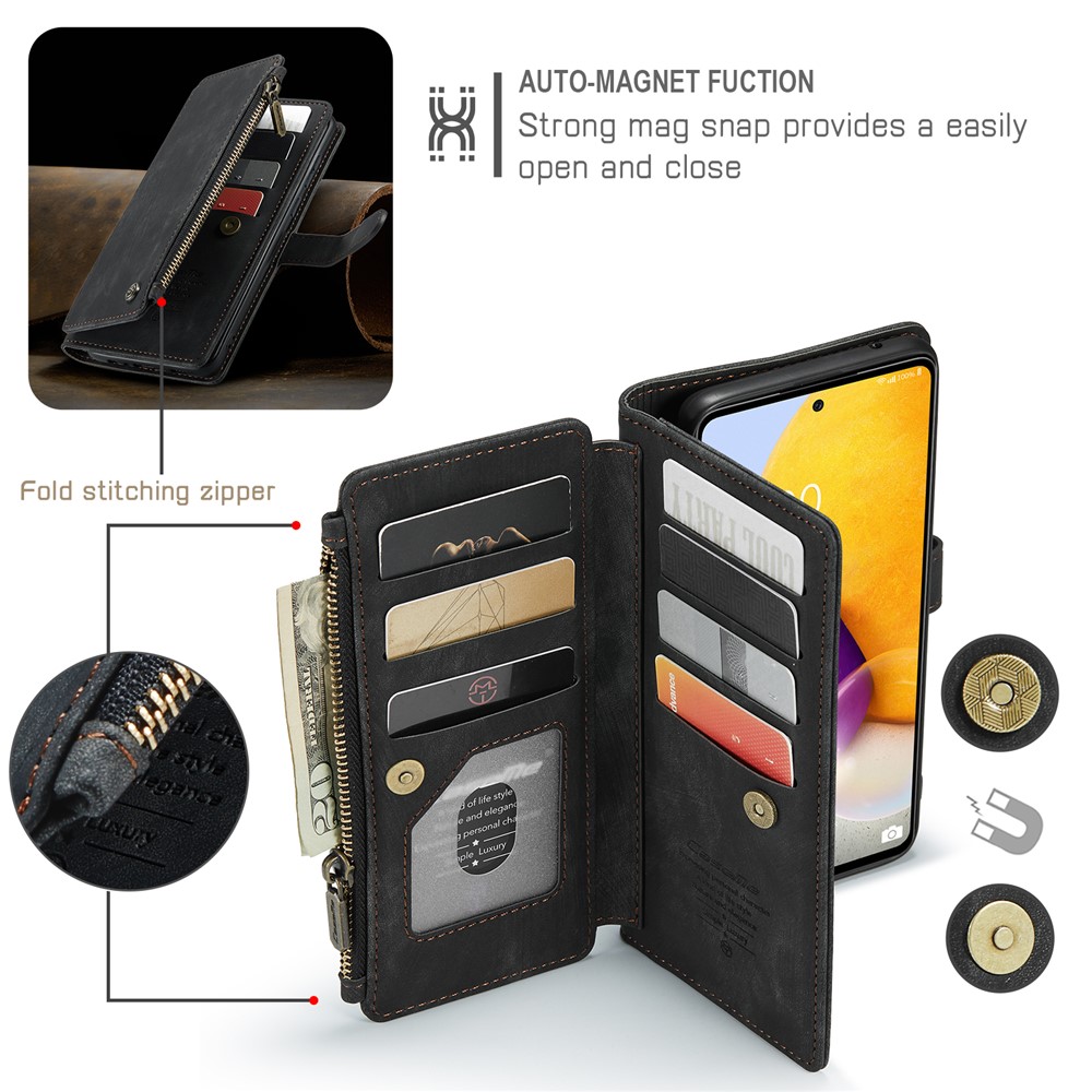 CASEME for Samsung Galaxy A72 4G/5G C30 Series Zipper Pocket Wallet Phone Cover, Stand Design PU Leather Phone Case - Black-11