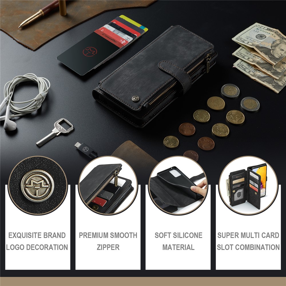 CASEME for Samsung Galaxy A72 4G/5G C30 Series Zipper Pocket Wallet Phone Cover, Stand Design PU Leather Phone Case - Black-8