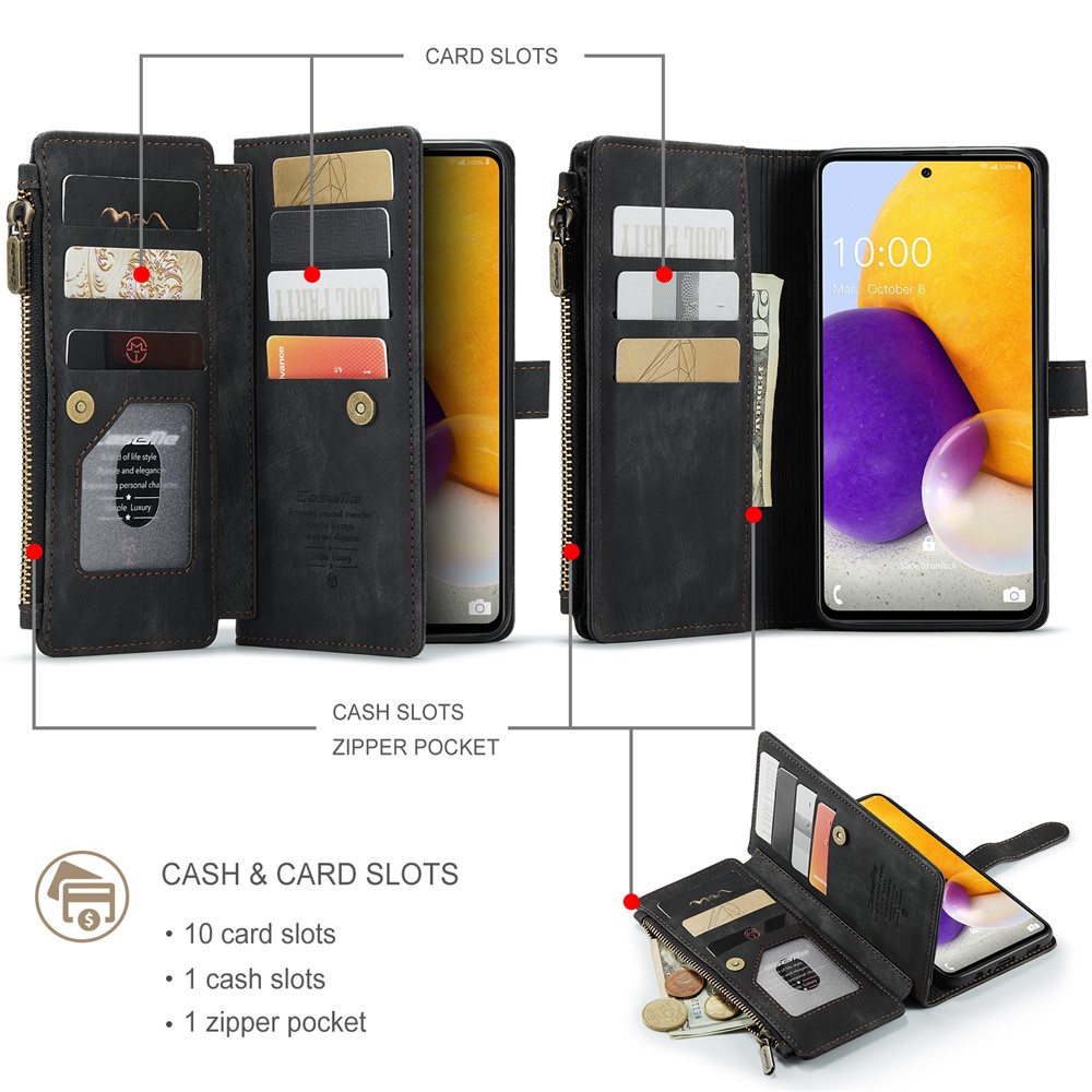 CASEME for Samsung Galaxy A72 4G/5G C30 Series Zipper Pocket Wallet Phone Cover, Stand Design PU Leather Phone Case - Black-9
