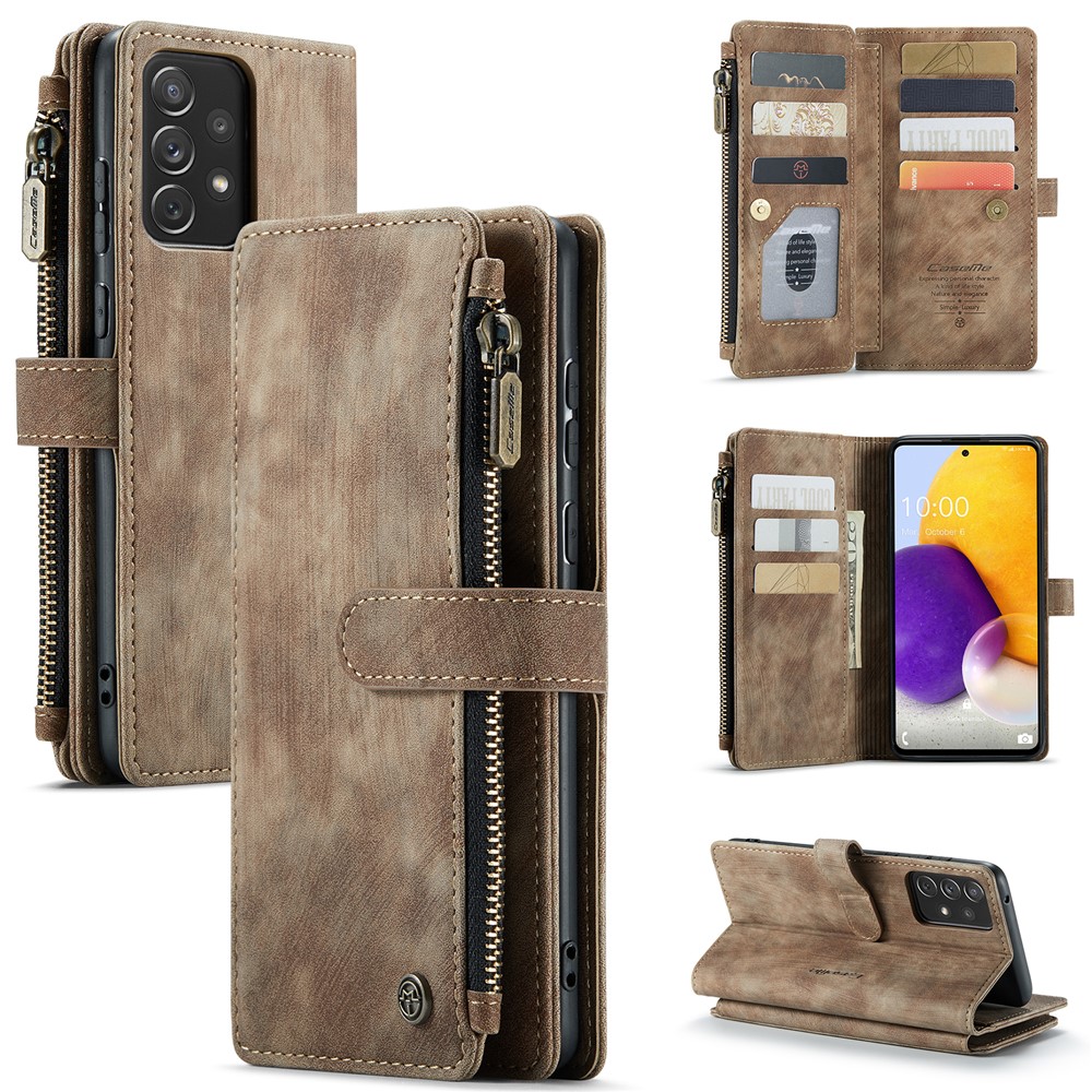 For Samsung Galaxy A72 4G / 5G Phone Cases with Strap CASEME C30 Zipper Multiple Card Holder PU Leather Cover - Brown