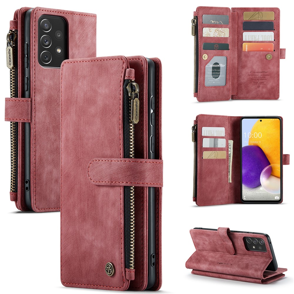 For Samsung Galaxy A72 4G / 5G Phone Cases with Strap CASEME C30 Zipper Multiple Card Holder PU Leather Cover - Red