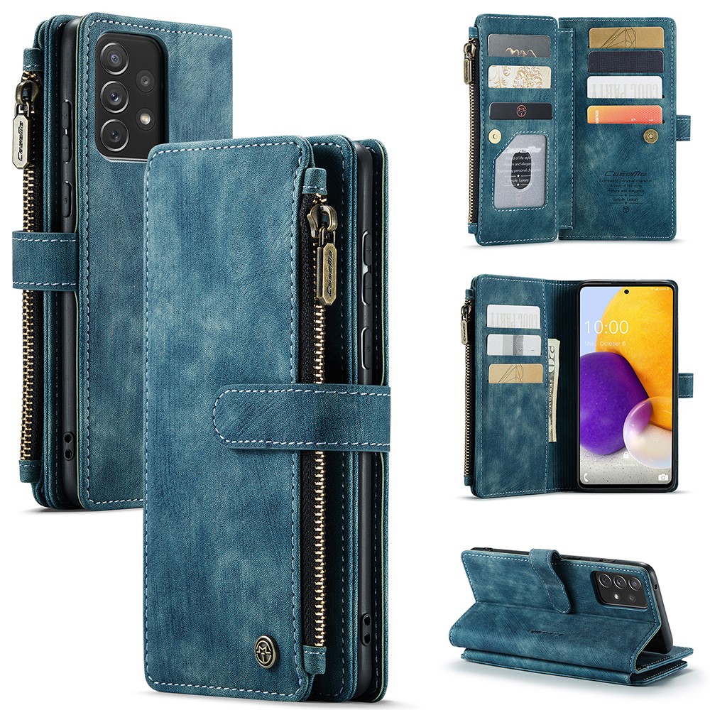 For Samsung Galaxy A72 4G / 5G Phone Cases with Strap CASEME C30 Zipper Multiple Card Holder PU Leather Cover - Blue