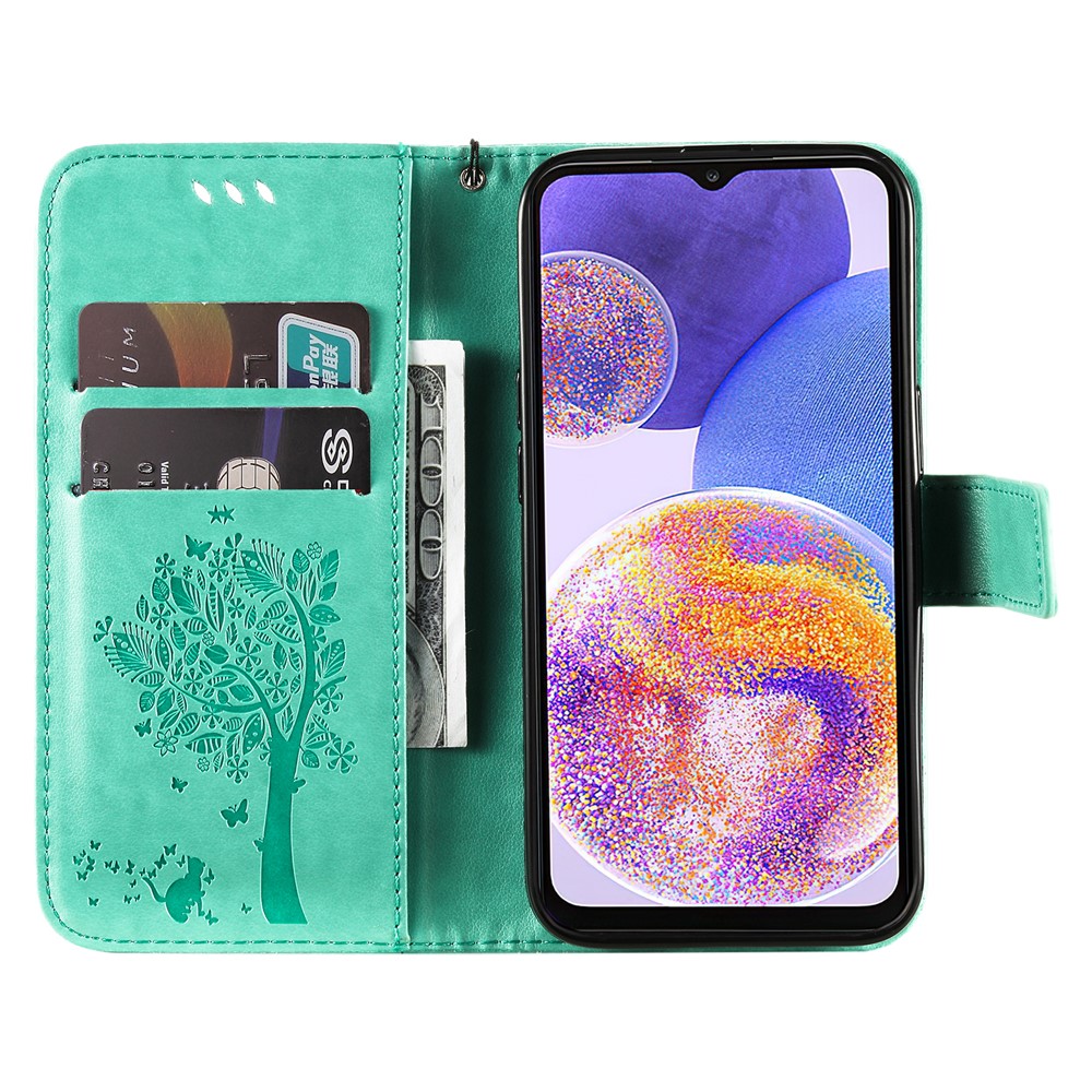For Samsung Galaxy A23 4G KT Imprinting Flower Series-3 PU Leather Case, Cat Tree Pattern Imprinted Stand Wallet Magnetic Fully Wrapped Flip Cover with Strap - Green-2