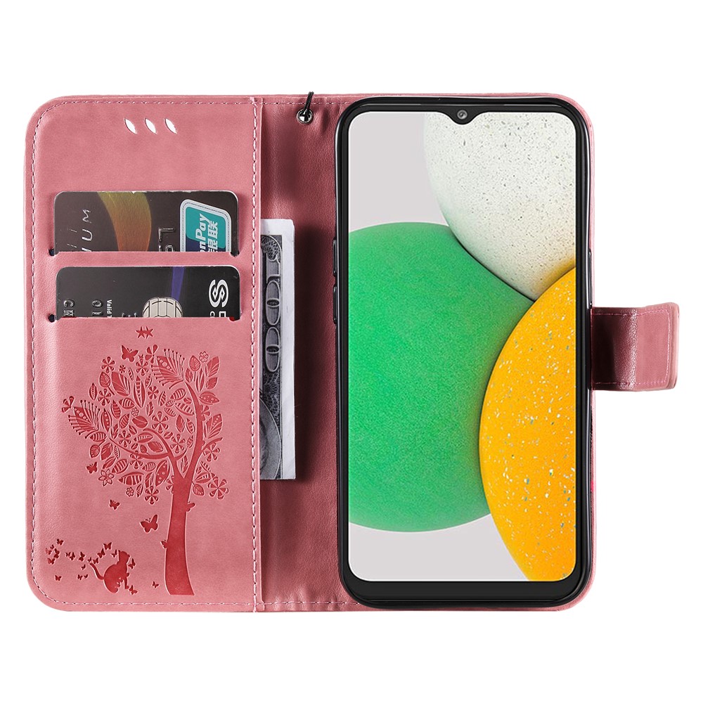 For Samsung Galaxy A03 Core KT Imprinting Flower Series-3 PU Leather Case, Cat Tree Pattern Imprinted Phone Shell Stand Wallet Magnetic Flip Cover with Strap - Pink-2
