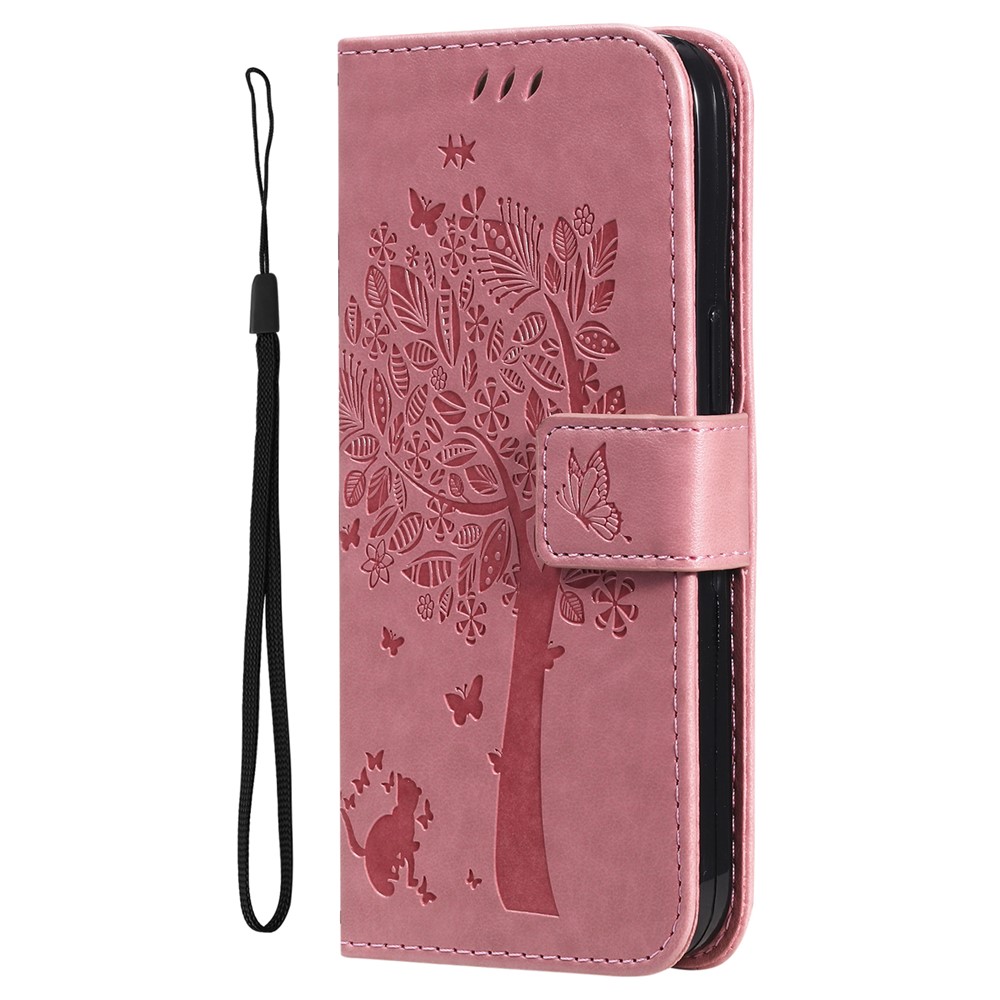 For Samsung Galaxy A03 Core KT Imprinting Flower Series-3 PU Leather Case, Cat Tree Pattern Imprinted Phone Shell Stand Wallet Magnetic Flip Cover with Strap - Pink-6