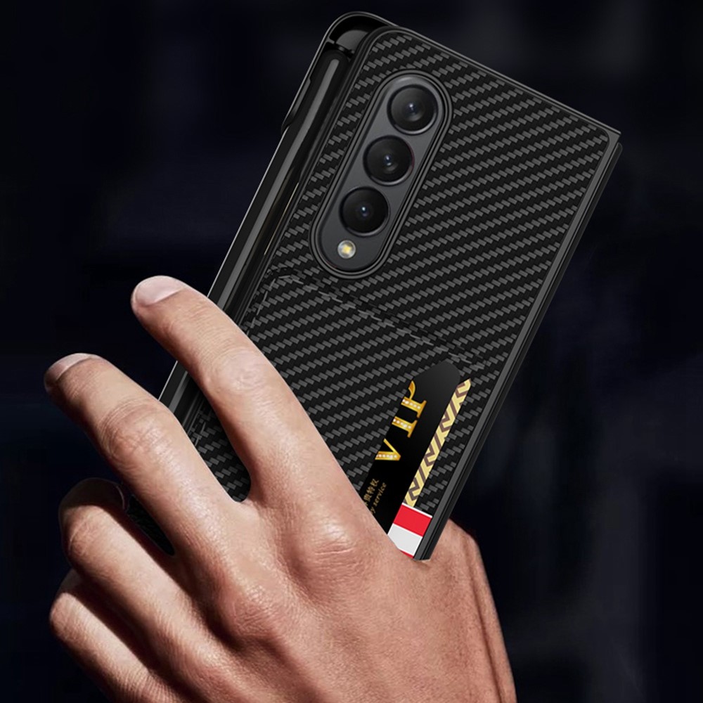 GKK For Samsung Galaxy Z Fold3 5G Ultra Slim Phone Case PU Leather Coated PC Folding Cover with Pen Slot - Carbon Fiber Texture-2