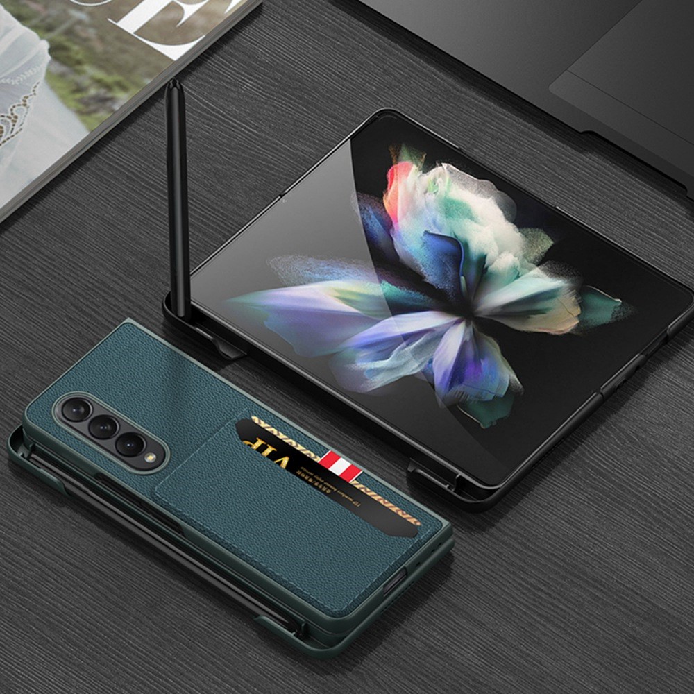GKK For Samsung Galaxy Z Fold3 5G Ultra Slim Phone Case PU Leather Coated PC Folding Cover with Pen Slot - Carbon Fiber Texture-7