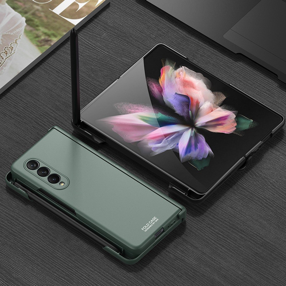 GKK Per Samsung Galaxy Z Fold3 5G Assorbimento Magnetico Cerniera Dura Per PC Pieghevole Custodia Del Telefono Con Slot a Penna - Midnight Green-3