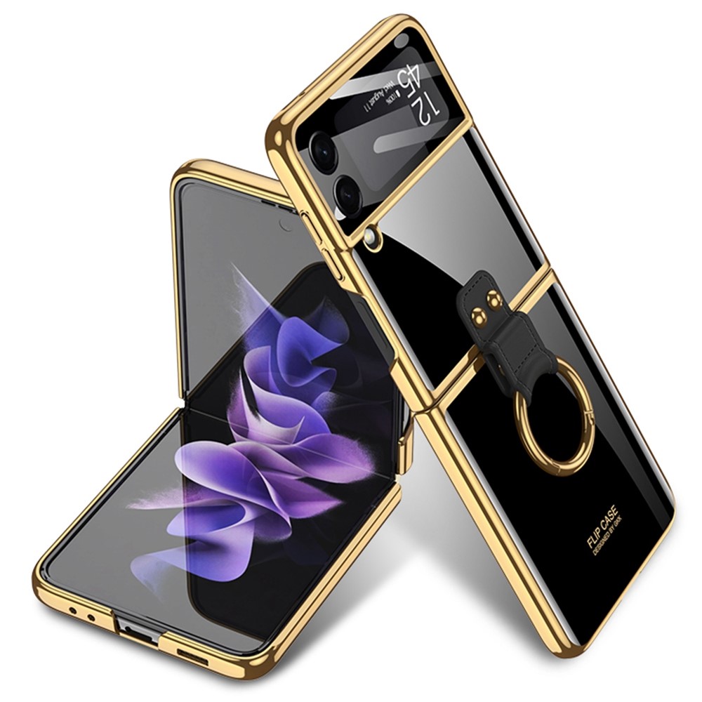 GKK For Samsung Galaxy Z Flip3 5G Ring Kickstand Hard PC Case Electroplating Phone Cover with Camera Lens Film - Black-1