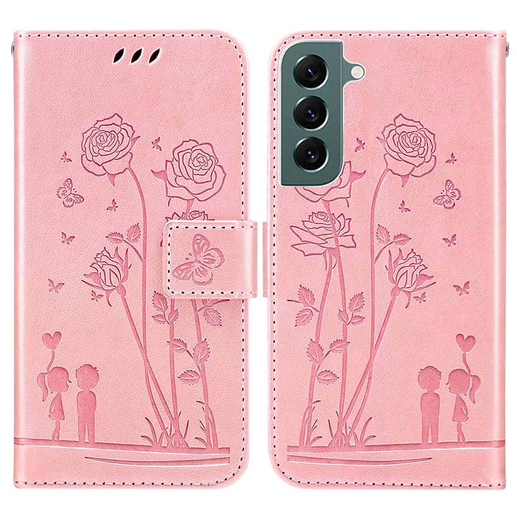 For Samsung Galaxy S22+ 5G Cell Phone Case TPU and PU Leather Flowers Couples Imprinted Pattern Wallet Phone Shell - Pink-1