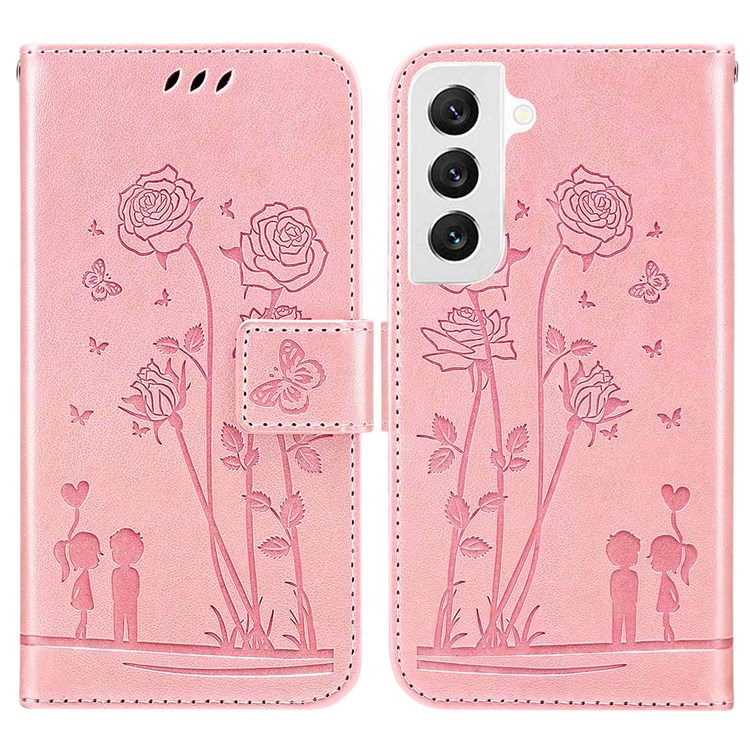 For Samsung Galaxy S22 5G Mobile Phone Cover Bag Anti-scratch PU Leather Imprinted Flowers Couples Phone Case Stand Wallet Shell - Pink-1