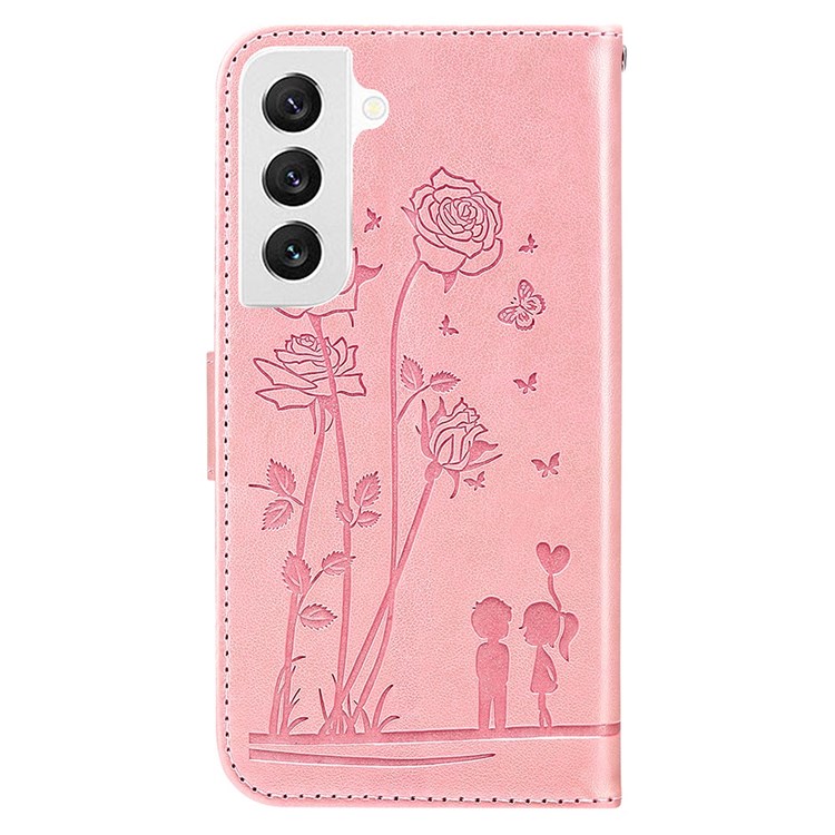 For Samsung Galaxy S22 5G Mobile Phone Cover Bag Anti-scratch PU Leather Imprinted Flowers Couples Phone Case Stand Wallet Shell - Pink-9
