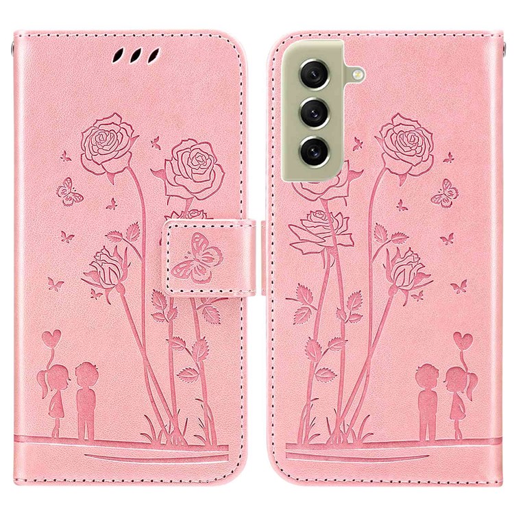 For Samsung Galaxy S21 FE 5G Phone Cover Bag PU Leather Flowers Couples Imprinted Case Stand Wallet Shell - Pink-1