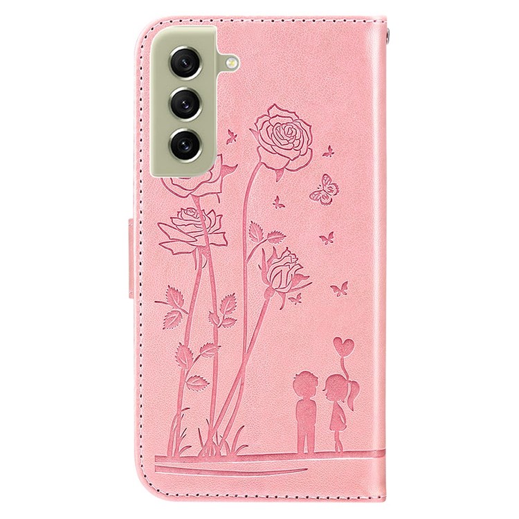 For Samsung Galaxy S21 FE 5G Phone Cover Bag PU Leather Flowers Couples Imprinted Case Stand Wallet Shell - Pink-9