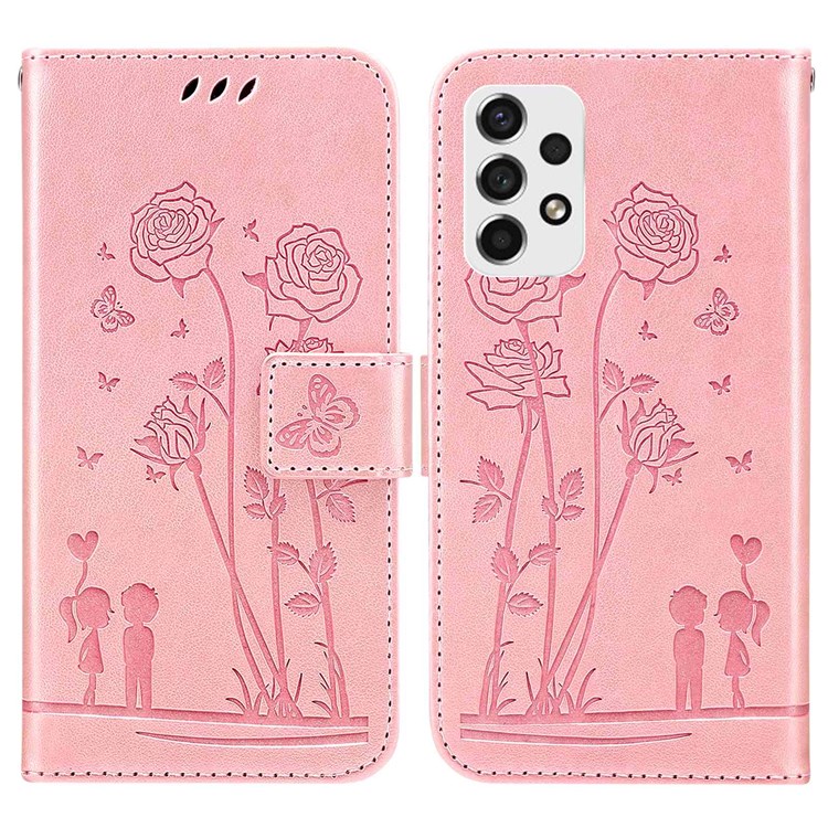 For Samsung Galaxy A53 5G PU Leather Imprinted Flowers Couples Pattern Phone Case Stand Wallet Mobile Phone Bag Shell - Pink-1
