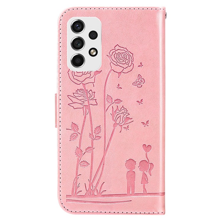 For Samsung Galaxy A53 5G PU Leather Imprinted Flowers Couples Pattern Phone Case Stand Wallet Mobile Phone Bag Shell - Pink-9