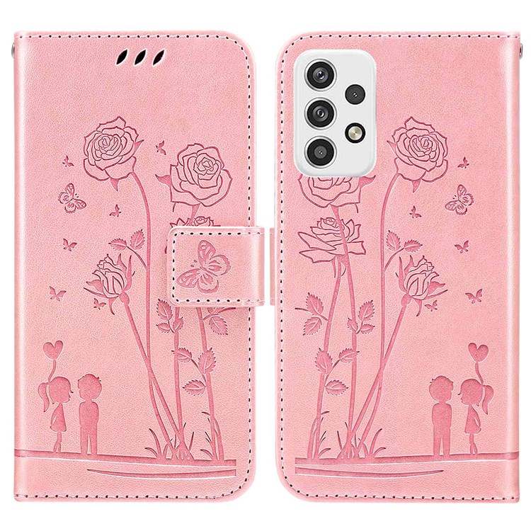 Flowers Couples Imprinted Pattern Phone Case for Samsung Galaxy A23 4G, Anti-scratch PU Leather Stand Wallet Design Protective Phone Shell - Pink-1