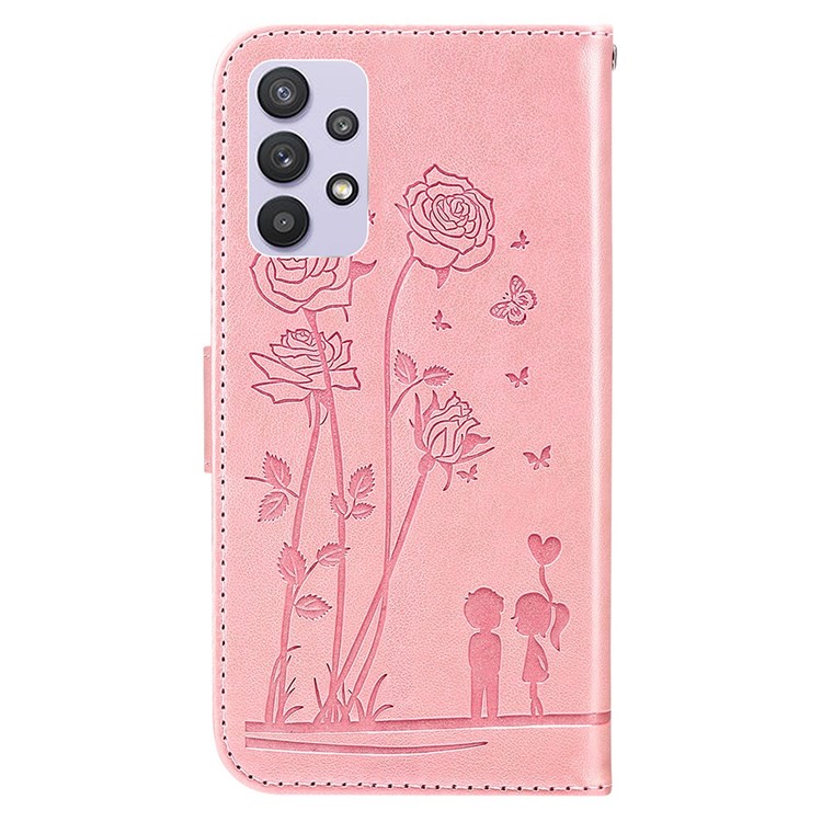 For Samsung Galaxy A32 5G/M32 5G Phone Cover Bag PU Leather Flowers Couples Imprinted Case Stand Wallet Shell - Pink-9