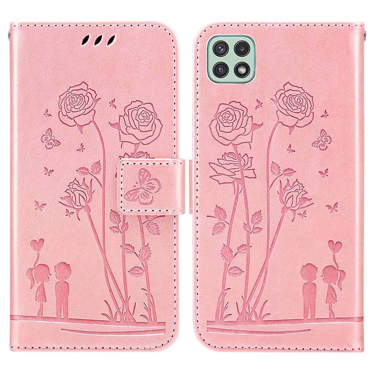 For Samsung Galaxy A22 5G (EU Version) Anti-dust PU Leather Flowers Couples Imprinted Case Stand Wallet Design Protective Phone Shell - Pink-1