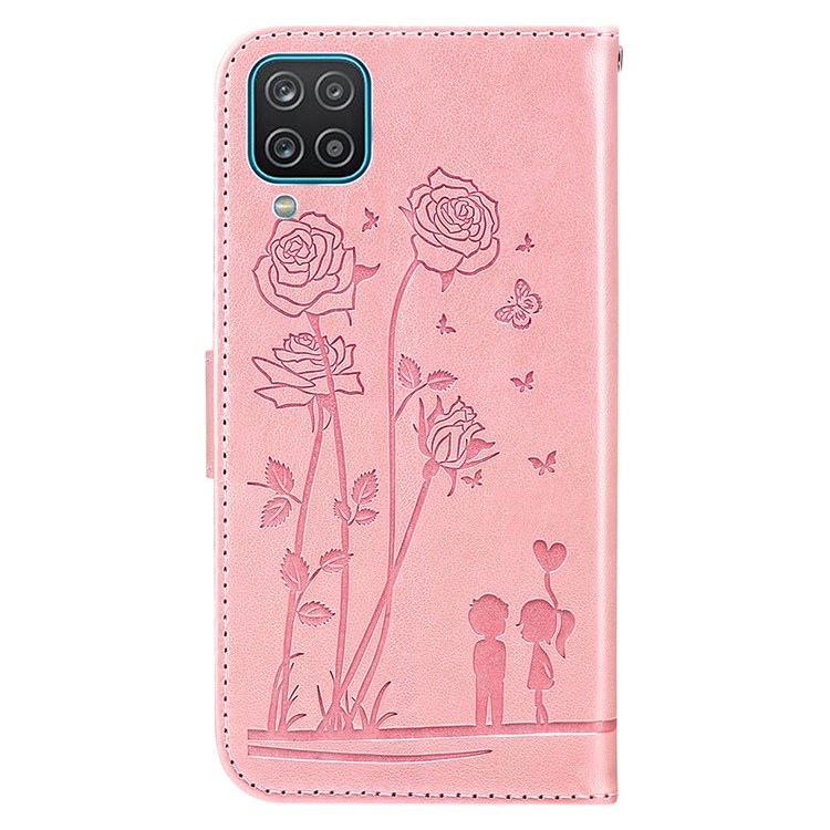For Samsung Galaxy A12 Smartphone Case PU Leather Flowers Couples Imprinted Pattern Stand Wallet Design Protective Phone Cover - Pink-9