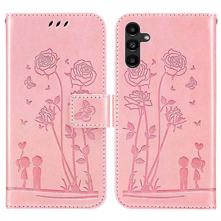 For Samsung Galaxy M23 PU Leather Flowers Couples Imprinted Case Stand Wallet Design Protective Phone Cover - Pink-1