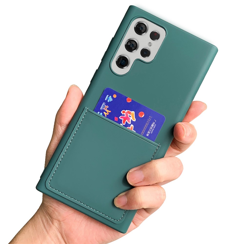 For Samsung Galaxy S22 5G Ultra 5G PU Leather Card Holder Liquid Silicone Texture Feeling Phone Case Rubberized TPU Back Cover - Blackish Green-2