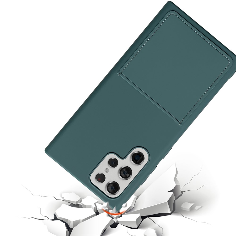 For Samsung Galaxy S22 5G Ultra 5G PU Leather Card Holder Liquid Silicone Texture Feeling Phone Case Rubberized TPU Back Cover - Blackish Green-3