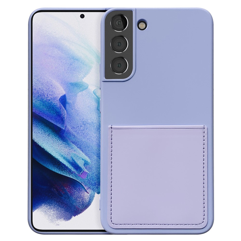 For Samsung Galaxy S22 5G+ 5G PU Leather Card Slot Rubberized TPU Case Liquid Silicone Texture Feeling Phone Cover - Light Purple-1