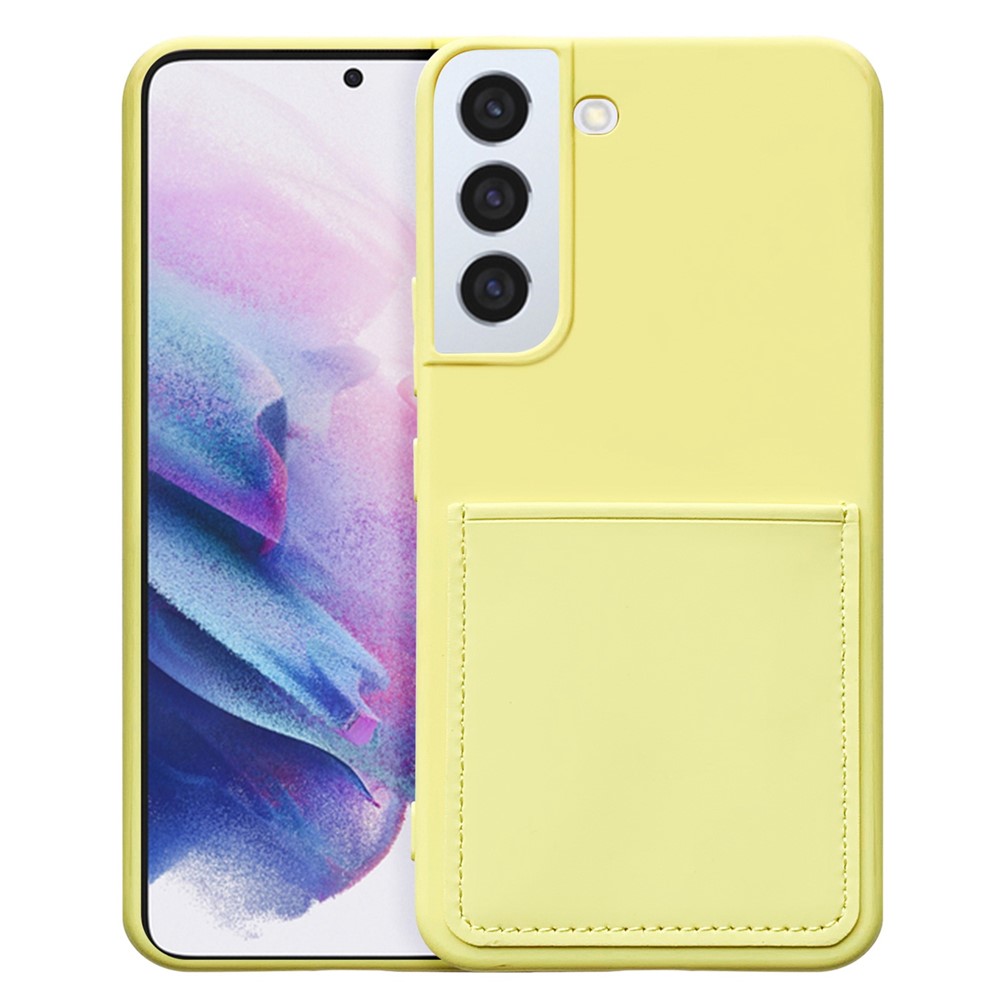 For Samsung Galaxy S22 5G Liquid Silicone Texture Rubberized Soft TPU Phone Case with PU Leather Card Slot - Yellow-1