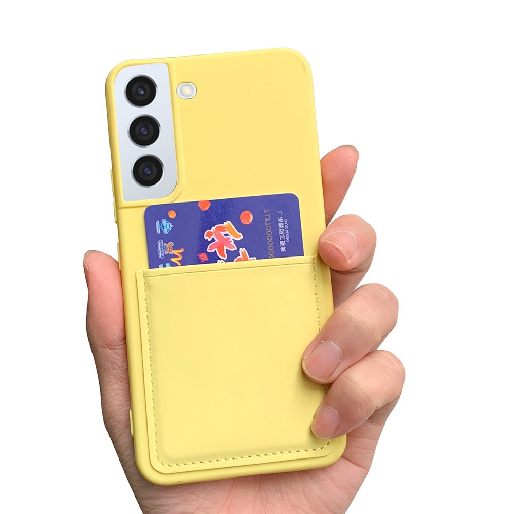 For Samsung Galaxy S22 5G Liquid Silicone Texture Rubberized Soft TPU Phone Case with PU Leather Card Slot - Yellow-2
