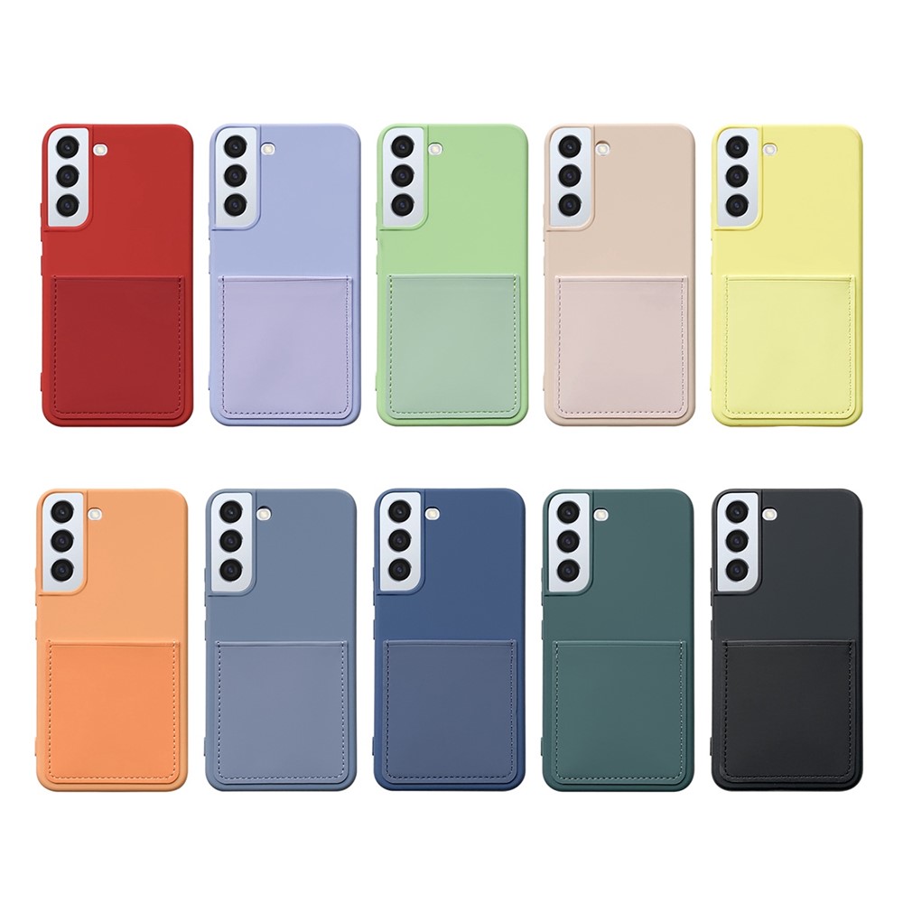 For Samsung Galaxy S22 5G Liquid Silicone Texture Rubberized Soft TPU Phone Case with PU Leather Card Slot - Yellow-4