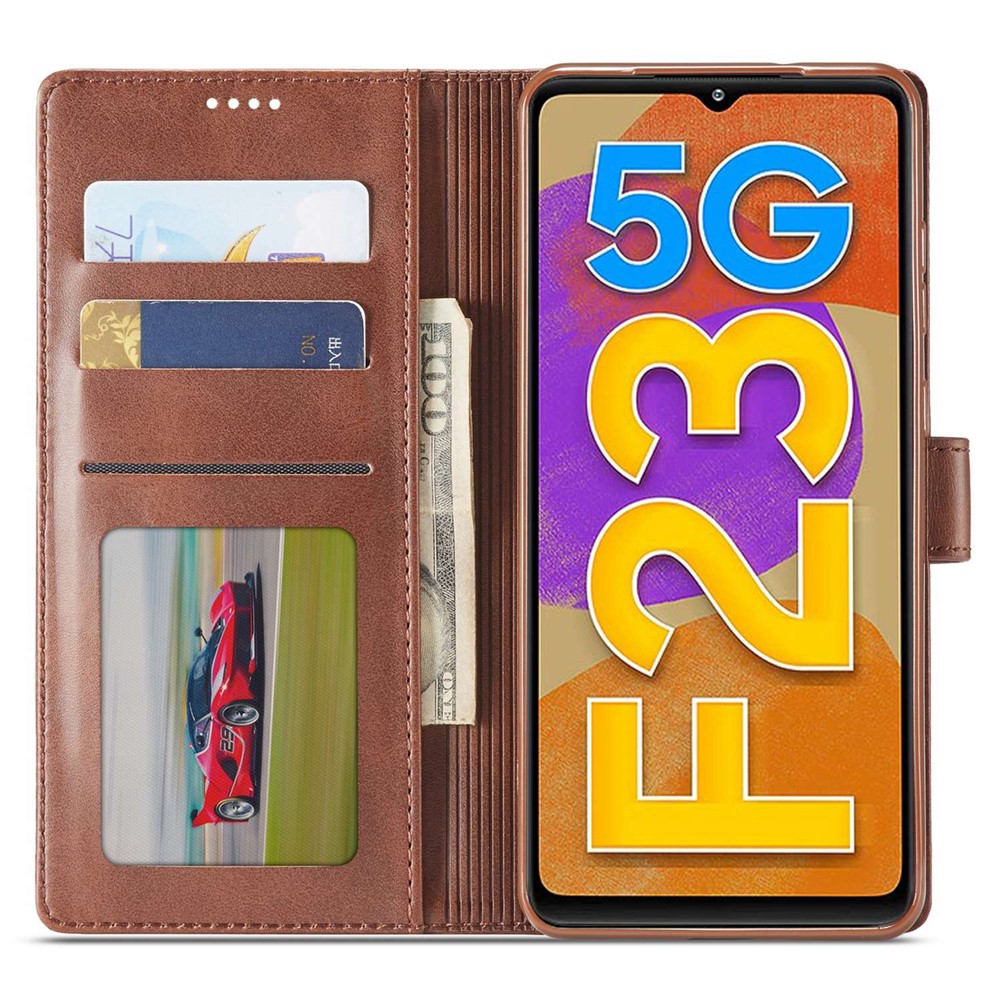 LC.IMEEKE For Samsung Galaxy M23 5G/F23 5G Textured PU Leather Magnetic Clasp Phone Case with Wallet Stand - Brown-2
