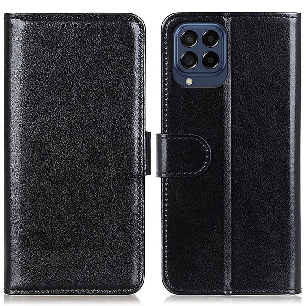 For Samsung Galaxy M53 5G Magnetic Flip Leather Case Crazy Horse Texture Horizontal Viewing Stand Wallet Phone Cover - Black-1