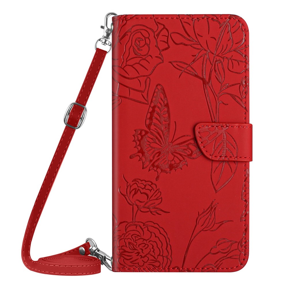 For Samsung Galaxy S20 Ultra 4G/5G Butterfly Flowers Pattern Imprinting PU Leather Wallet Case Shoulder Strap Stand Flip Folio Cover - Red-10