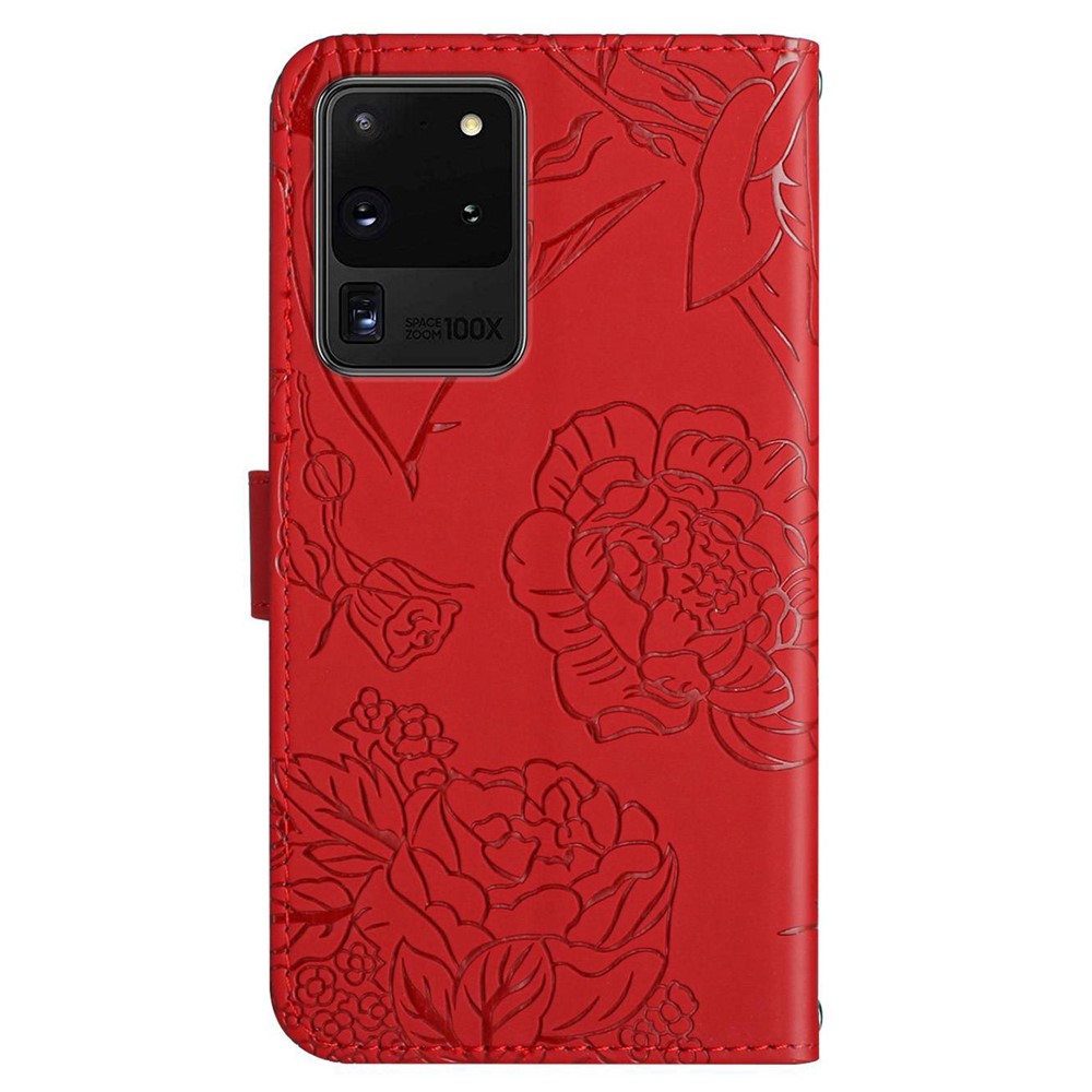 For Samsung Galaxy S20 Ultra 4G/5G Butterfly Flowers Pattern Imprinting PU Leather Wallet Case Shoulder Strap Stand Flip Folio Cover - Red-11