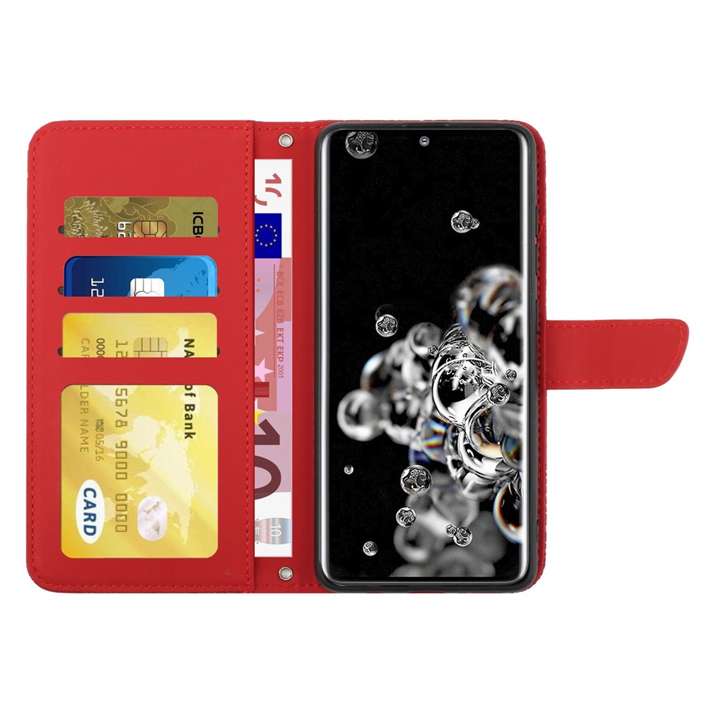 For Samsung Galaxy S20 Ultra 4G/5G Butterfly Flowers Pattern Imprinting PU Leather Wallet Case Shoulder Strap Stand Flip Folio Cover - Red-2