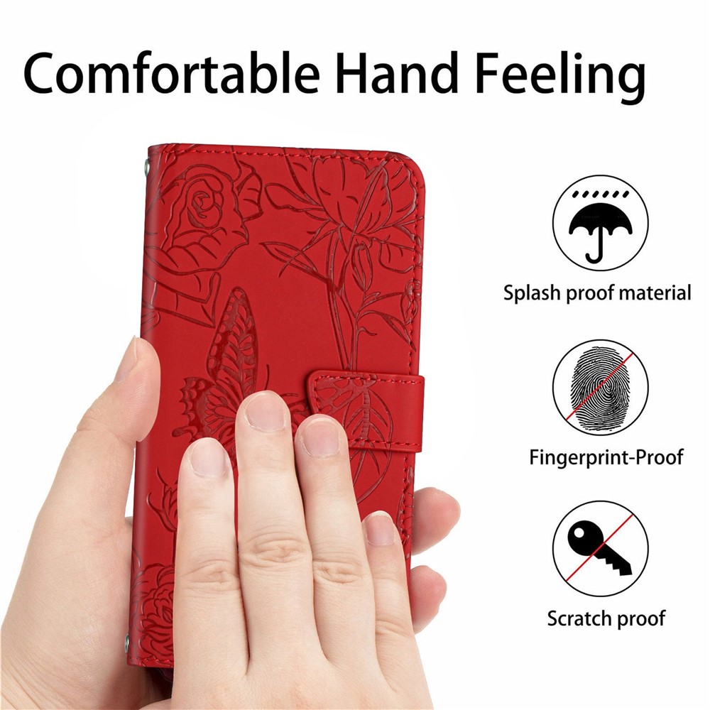 For Samsung Galaxy S20 Ultra 4G/5G Butterfly Flowers Pattern Imprinting PU Leather Wallet Case Shoulder Strap Stand Flip Folio Cover - Red-5