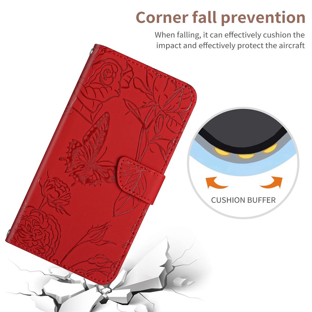 For Samsung Galaxy S20 Ultra 4G/5G Butterfly Flowers Pattern Imprinting PU Leather Wallet Case Shoulder Strap Stand Flip Folio Cover - Red-6