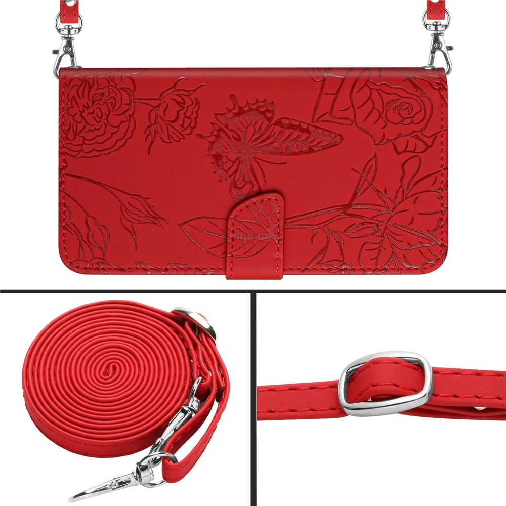For Samsung Galaxy S20 Ultra 4G/5G Butterfly Flowers Pattern Imprinting PU Leather Wallet Case Shoulder Strap Stand Flip Folio Cover - Red-7