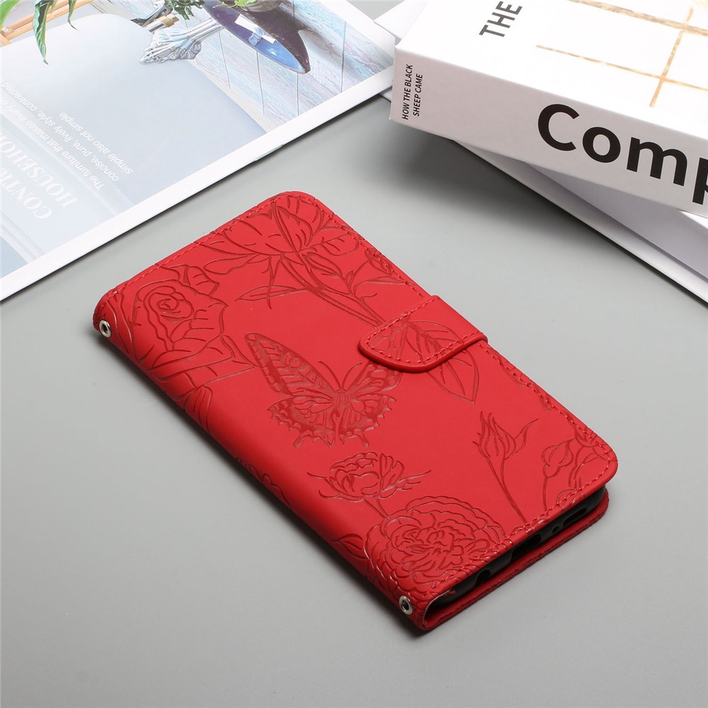 For Samsung Galaxy S20 Ultra 4G/5G Butterfly Flowers Pattern Imprinting PU Leather Wallet Case Shoulder Strap Stand Flip Folio Cover - Red-9
