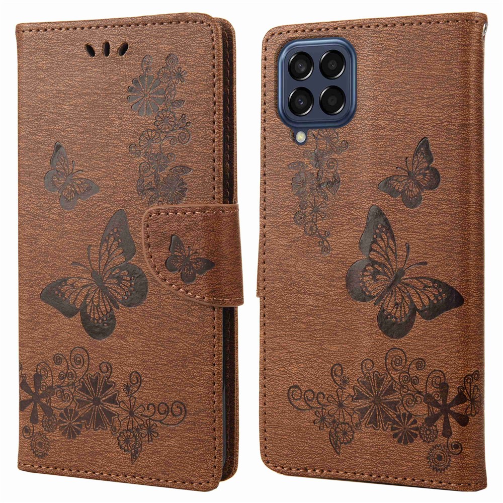 For Samsung Galaxy M53 5G Wallet Case Butterfly Flower Imprinted PU Leather Stand Flip Protective Cover with Hand Strap - Brown-1