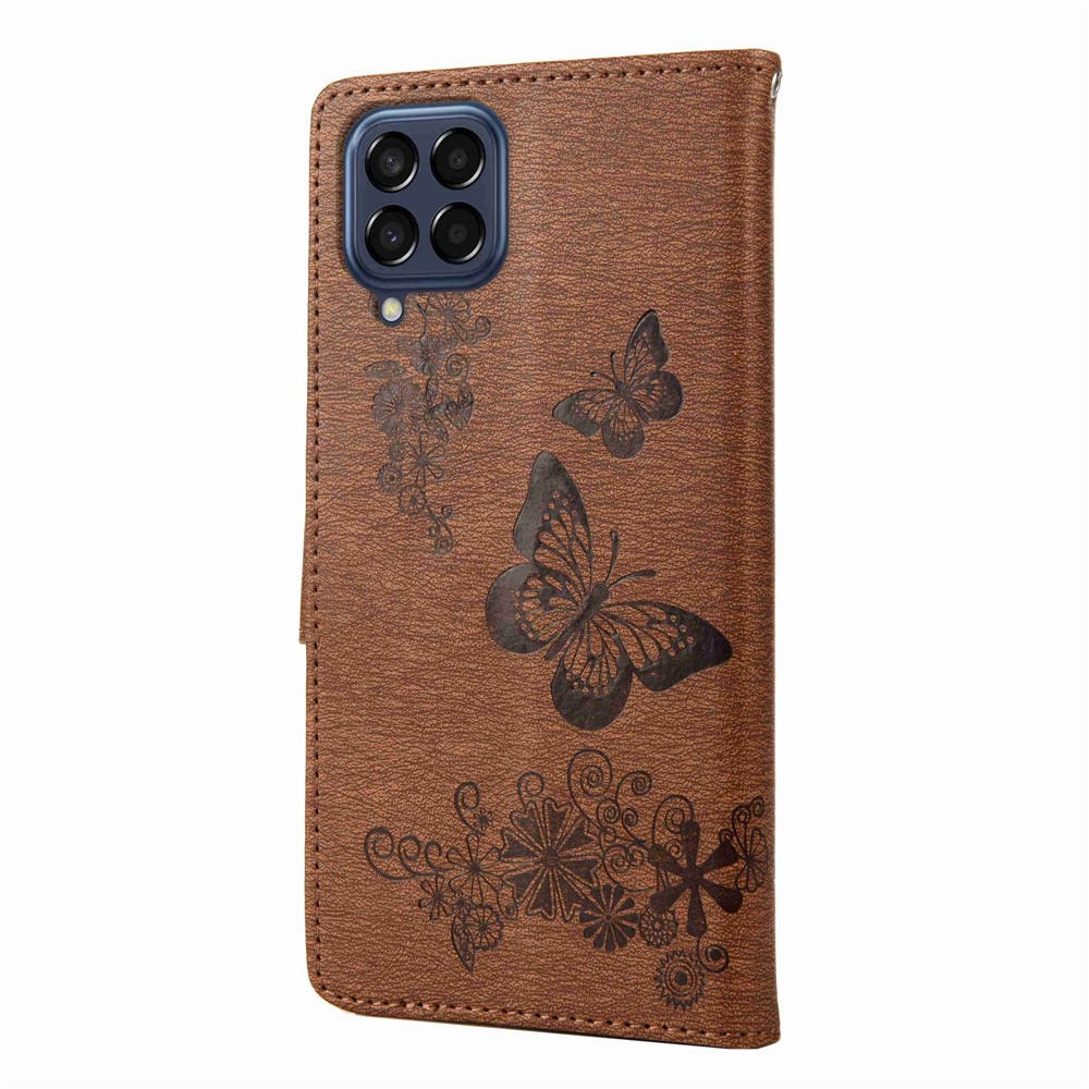 For Samsung Galaxy M53 5G Wallet Case Butterfly Flower Imprinted PU Leather Stand Flip Protective Cover with Hand Strap - Brown-6