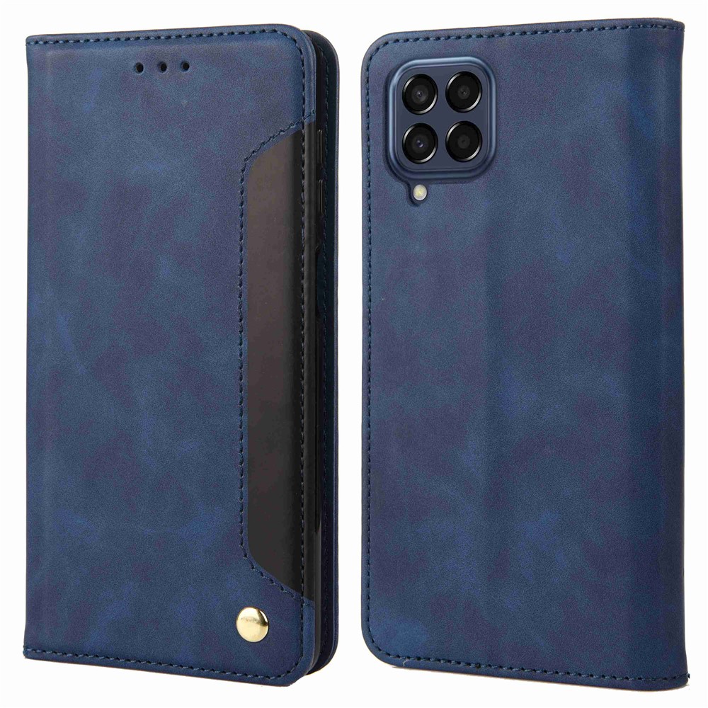 For Samsung Galaxy M53 5G Splicing PU Leather Skin-touch Feeling Case Stand Magnetic Absorption Full Protection Flip Folio Wallet Cover - Blue-1