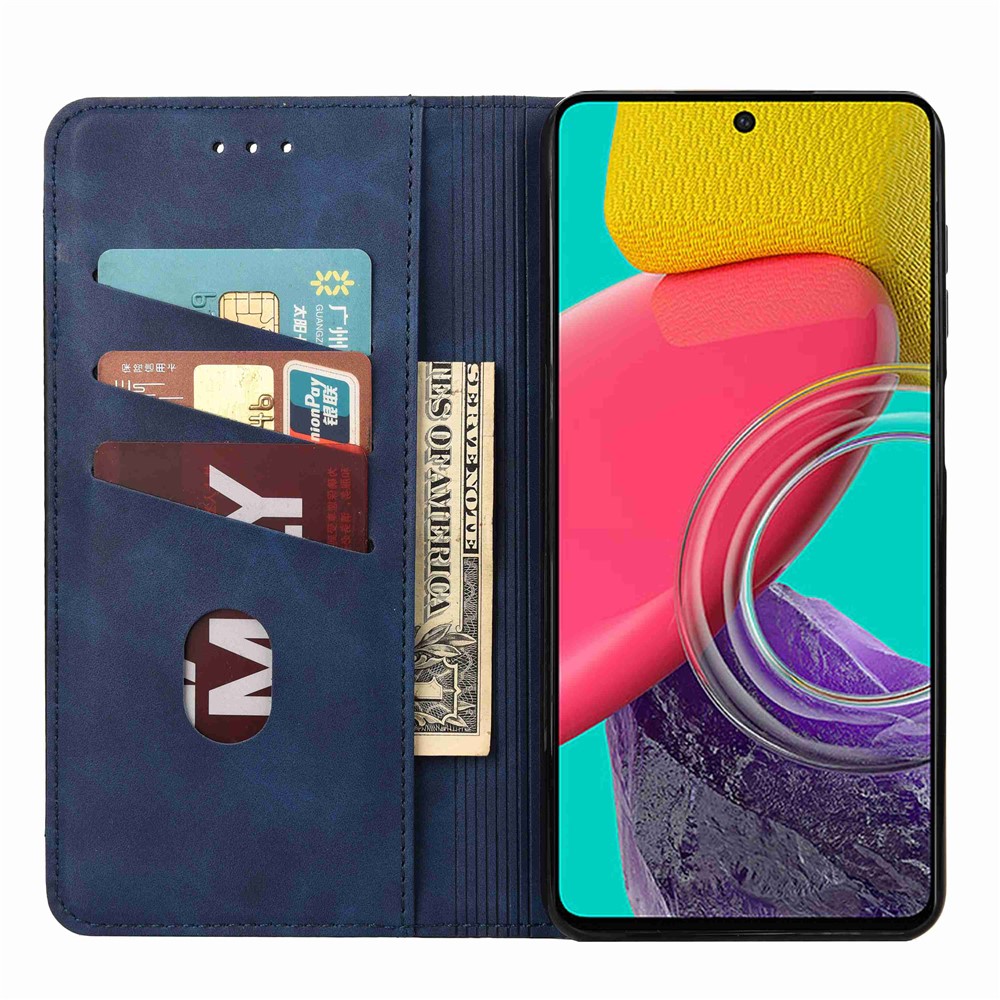 Für Samsung Galaxy M53 5G Spleißen pu Leder Haut-häute-hülle Ständer Magnetische Absorption Vollschutz Flip Folio Brieftasche Abdeckung - Blau