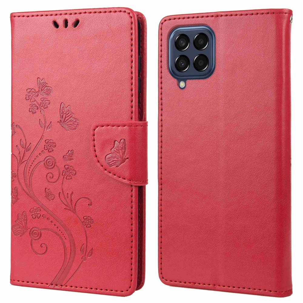 For Samsung Galaxy M53 5G Imprinted Butterflies Flowers PU Leather Flip Case Wallet Style Stand Shockproof Protective Cover with Strap - Red-1