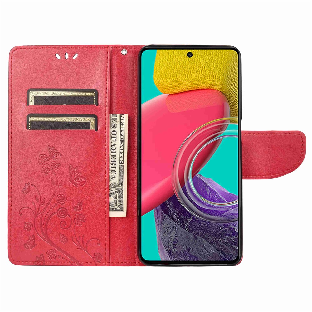 For Samsung Galaxy M53 5G Imprinted Butterflies Flowers PU Leather Flip Case Wallet Style Stand Shockproof Protective Cover with Strap - Red-2